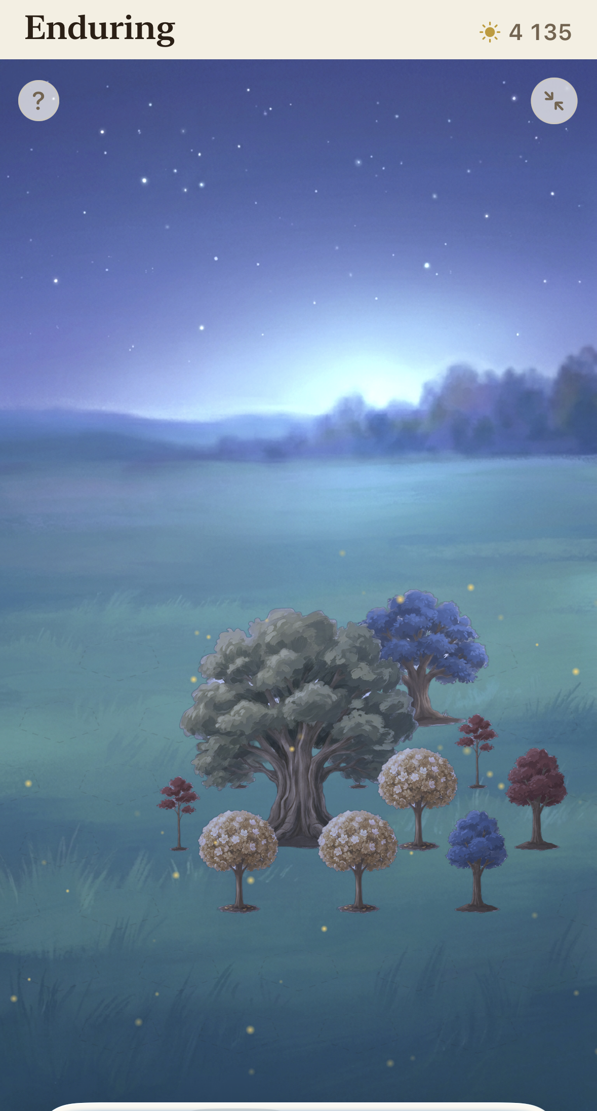 Tendia's Forest screen at dusk, labelled “Enduring”: a mature grove of trees grown across several growth areas, standing on a hillside under a deepening, star-flecked sky.