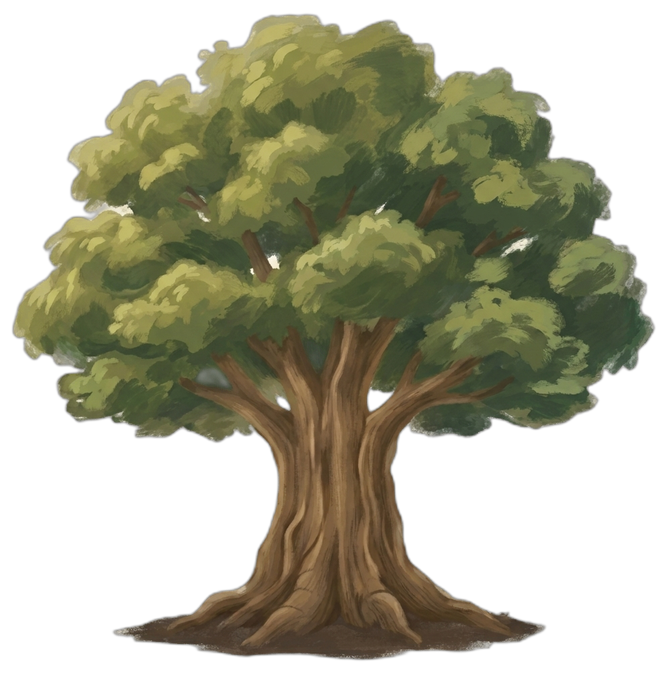 Tendia's Tree at its “Sheltering” stage — a broad, established tree with a thick trunk and full green canopy, rooted in soft ground.