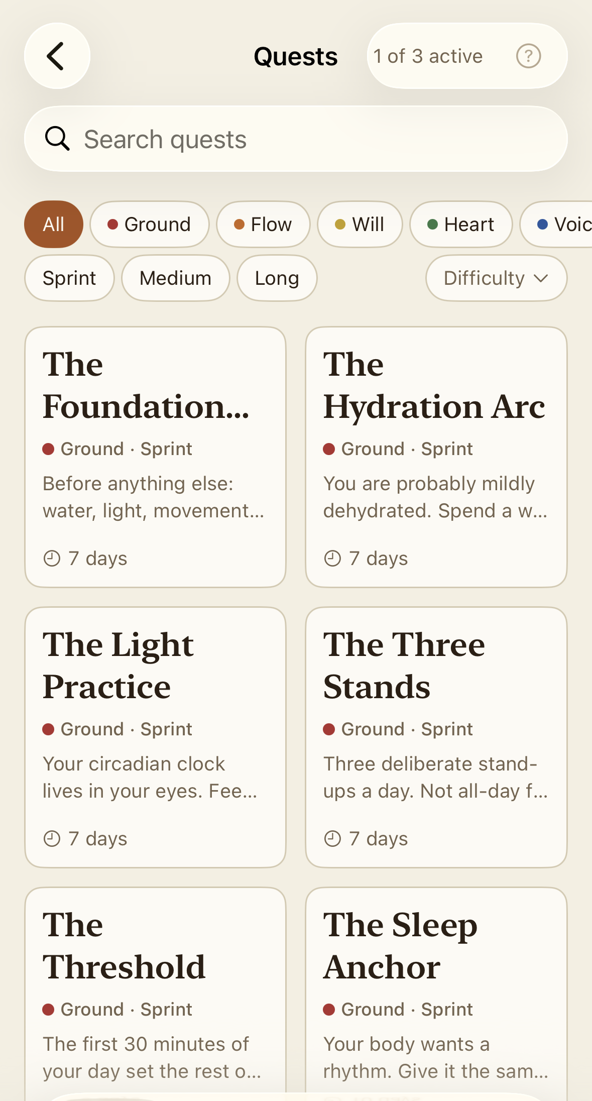 Tendia's quest catalog: a scrollable list of narrative quests such as “The Foundation,” “The Hydration Arc,” and “The Light Practice,” each tagged with a growth area and a length.